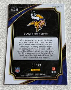 lot 172 image: ZaDarius Smith 99 Blue Prizm SP, 2022 Select Suite Level #333 numbered 9399 very rare Minnesota Vikings Football Card