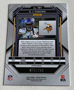 lot 174 image: K.J. Osborn 249 Orange Prizm 2022 numbered 076249 rare Minnesota Vikings Football Card