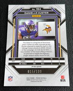 lot 176 image: Danielle Hunter 199 Blue Wave Prizm 2022 #194 numbered 015199 rare Minnesota Vikings Football Card