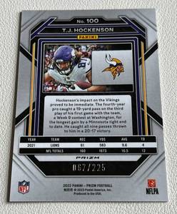 lot 180 image: TJ Hockenson 225 Purple Cracked Ice Prizm 2022 #100 numbered 067225 rare Minnesota Vikings Football Card