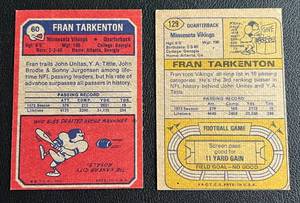 lot 189 image: Fran Tarkenton 2 Card Lot - 1973 #60 and 1974 #129 Vintage Minnesota Vikings Football Cards