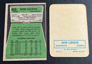 lot 191 image: Bob Griese 2 Card Lot - 1970 Topps Super Glossy Insert #28 and 1975 Topps # 100 Vintage Football Cards