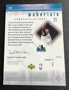 lot 220 image: Kevin Garnet Game-worn Jersey and Shorts 2000 Upper Deck SPx Winning Materials #KG3 Minnesota Timberwolves Basketball Card
