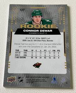lot 267 image: Connor Dewar Ruby Refractor RC 2021-22 Stature Upper Deck #127 Rookie Minnesota Wild Hockey Card