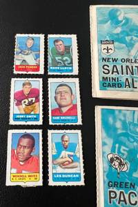 lot 158A image: 1969 Topps Mini Card Albums and 4 in 1 Stamps Vintage NFL Football Cards