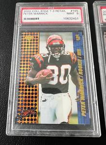 lot 212 image: Five Card PSA 9 Graded Football Lot - 2000 Collectors Edge T-3 Retail and Graded - Peter Warrick, Akili Smith, Courtney Brown, Ron Dugans, and Trung Candidate