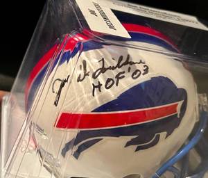 lot 59 image: Joe Delamielleure Signed Mini Helmet with Leaf COA inscribed HOF 03 Buffalo Bills Football