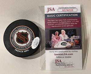 lot 314 image: Marcel Pronovost Signed Hockey Puck with JSA COA - Inscribed H.O.F. 78, Detroit Red Wings