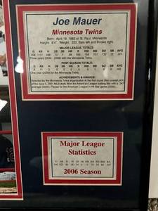 lot 322 image: Joe Mauer Framed 14x11 and Matted Photo and Stats Minnesota Twins Baseball