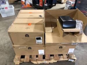 Pallet of Assorted Architectural Mailboxes Marina Black Small Steel Wall Mount Mailbox (80 Boxes)   Customer Returns See Pictures