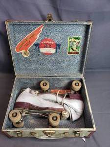 lot 131 image: Vintage Roller Skates with Case, Wood Wheels