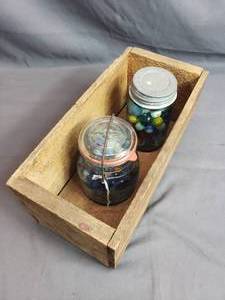 lot 135 image: 2 Jars of Marbles and Wood Box