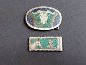 lot 166 image: Sterling Silver and Gems Belt Buckle and Money Clip