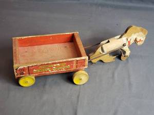lot 190 image: Vintage Fisher Price General Hauling Wooden Horse and Wagon Toy