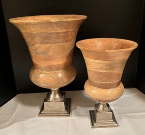 lot 111 image: Two Decorative Wooden Urns with Metal Bases