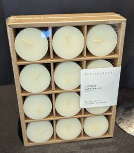 lot 76 image: Pair of Decorative Silver Frost Glass Votive Holders and Pottery Barn Candles