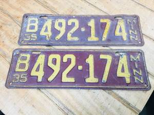 lot 74 image: Vintage Pair 1935 Minn License Plates