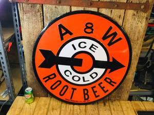 lot 77 image: Large A&W Root Beer Round Metal Sign