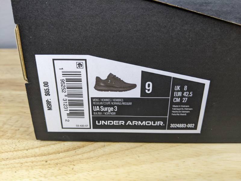 lot 84A image: Brand New Under Armour UA Surge 3 Black Athletic Shoes Mens 8 X
