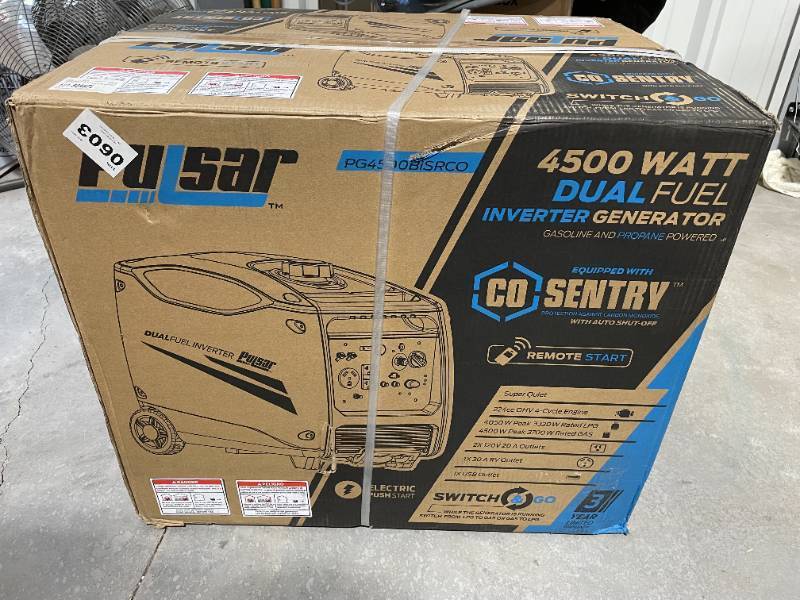 lot 9 image: Brand New Pulsar 4,500-Watt3,700-Watt Dual Fuel with Recoil, Remote and Push Button Start Portable Inverter Generator with CO Alert N