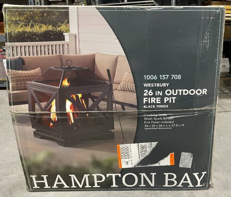 lot 16A image: Brand New Hampton Bay Westbury 26 in. W x 37.8 in. H Outdoor Square Wood Burning Black Fire Pit N