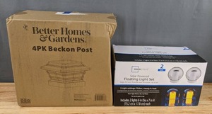 lot 78 image: NEW Mainstays Solar Powered 2-Pack Floating Light Set and Better Homes & Gardens 4 Pack Beckon Post X
