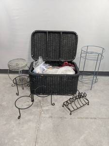 lot 69 image: Assorted Metal Plant and Dish Stands, Wicker Chest, and Miscellaneous Items D