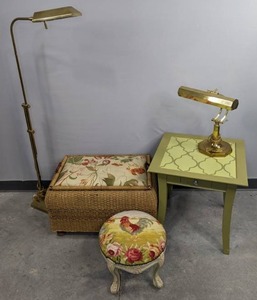 lot 80 image: Adjustable Scroll Floor Lamp, DeskPiano Lamp, Small Wooden German Sewing Basket Footstool, Side Table, Etc. D