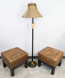 lot 81 image: Shaded Floor Lamp and (2) Square Ottoman Stools D