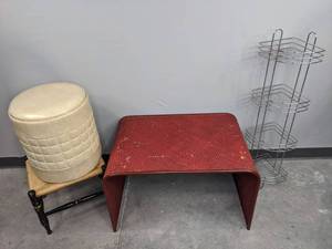 lot 82 image: Cream Colored Storage Basket, Woven Stool with Black Legs, Red Woven Stool and Wire Shelf   D