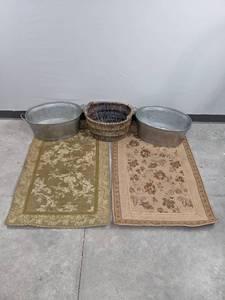 lot 95 image: World Market (2) Galvanized Tub, (1) Wicker Basket, and (2) Rugs D