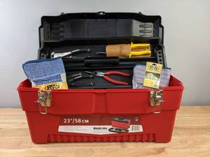 lot 71A image: Red and Black Toolbox with Gloves, Pliers, Screwdrivers and More  Z