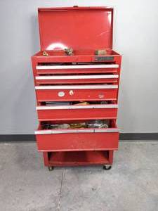 lot 65A image: Red Waterloo Tool Box with Screwdrivers, Pliers, Clips and More  K