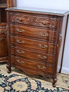 lot 827 image: Permacraft Wood Highboy Dresser 5-drawer with Form-Fit Curved Glass Top