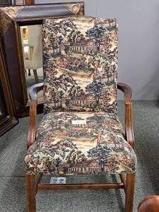 lot 862 image: Country Scene Fabric Padded Wood Accent Arm Chair
