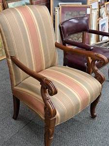 lot 864 image: Striped Fabric Padded Wood Accent Arm Chair