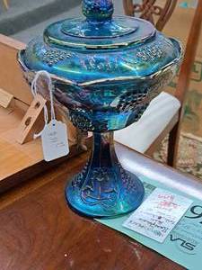 lot 1038 image: Vintage 10 Blue Carnival Glass Stem Candy Dish with Lid