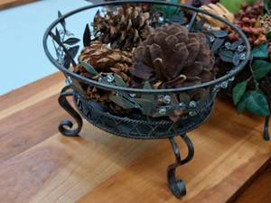 lot 1046 image: Home Dcor 12 - Metal Basket with Glass Beads and Pine Cones