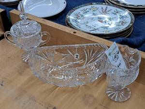 lot 1100 image: Lot of (3) Crystal Glasswares - Covered Candy Stem Dish, Creamer, Serving Bowl