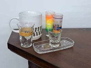 lot 1122 image: Coffee Cup with (4) Shot Glasses and Glass Tray