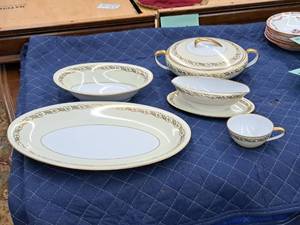 lot 1128 image: Noritake China Set 5-piece - 9 Serving Dish with Lid, 16 Serving Platter, 9 Gravy Boat, 10-12 Serving Bowl, Cup