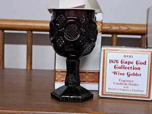 lot 1193 image: Lot of (4) Avon 1876 Cape Cod Collection Red Glass Wine Goblets with Candles