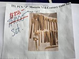 lot 565 image: J Modern Mid-Century Gold Silver Flatware Set 151-piece with Wood Case