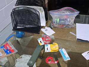 lot 1623 image: Lot of  Misc. Office Supplies - Tape, Paper Organizers, Rubber Bands, Staples, Markers and more