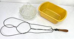 lot 225 image: Antique Rug Beater, Crystal Candy Dish and Vintage Plastic Tub
