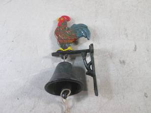 lot 208 image: (BSB) Cast Iron Bell and Wall Bracket with Rooster Figure