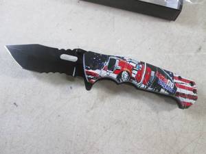 lot 220 image: (CNTR) Patriotic Lets Go Brandon Big Rig Spring Assist Knife with Belt Clip - 8 Open  4 34 Closed - New In Box