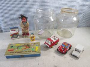lot 235 image: (A-1) Assorted Vintage Toys and Jars