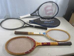 lot 280 image: (H-2) 2 Vintage Wood Wilson Tennis Rackets and 2 Modern Wilson Sting and Prince Tennis Rackets