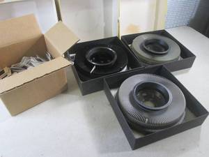 lot 298 image: (CSB) 3 Vintage Kodak Carousel Slide Trays with Box Full of Misc Slides